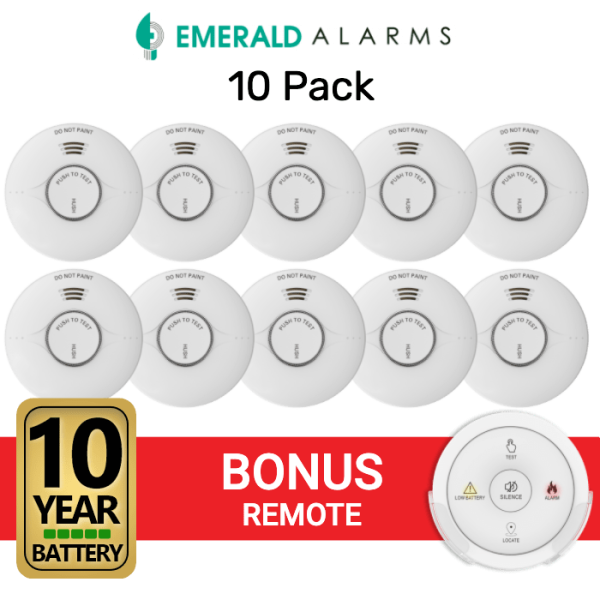Emerald Interconnected Smoke Alarms - 10 Pack + Bonus Remote