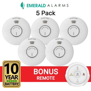 Emerald Interconnected Smoke Alarms - 5 Pack + Bonus Remote
