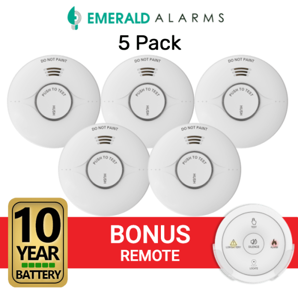 Emerald Interconnected Smoke Alarms - 5 Pack + Bonus Remote