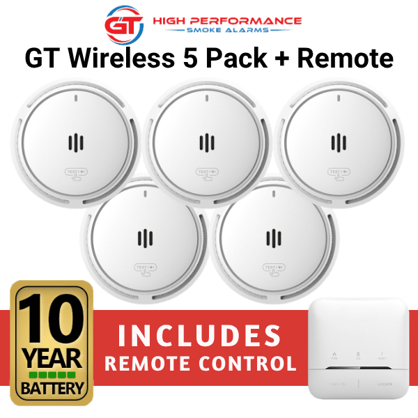 GT Wireless Interconnectable Smoke Alarms - 5 Pack including Remote Control