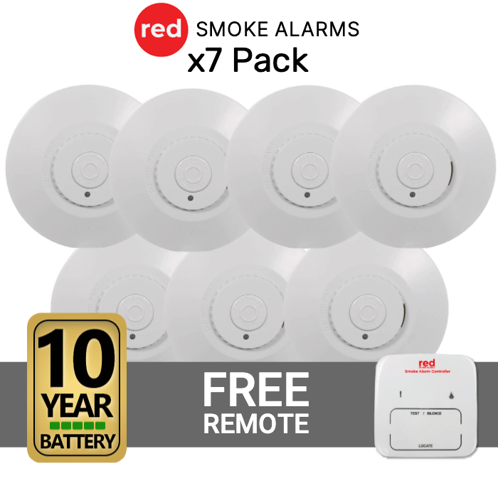 Red Smoke Alarm - Interconnected Smoke Alarm 7 Pack + Free Remote