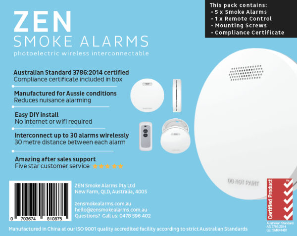 ZEN Photoelectric Smoke Alarm Wireless Interconnectable - 5 Pack Back