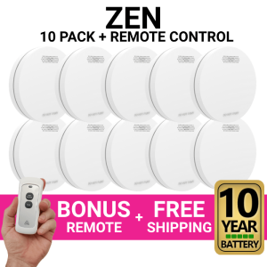 ZEN Smoke Alarms - 10 Pack Bundle with Bonus Remote and 10 Year Battery