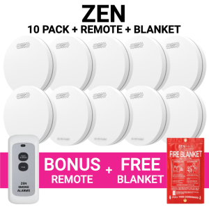 ZEN Interconnected Smoke Alarms 10 Pack + Bonus Remote & Free Fire Blanket