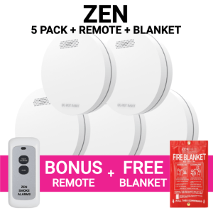 ZEN Interconnected Smoke Alarms 5 Pack + Bonus Remote & Free Fire Blanket