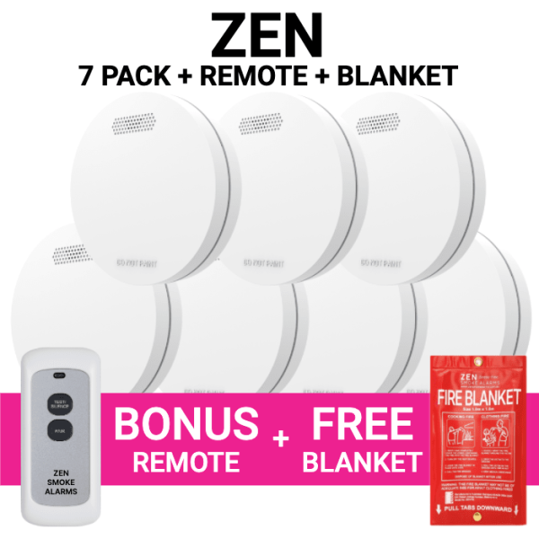 ZEN Interconnected Smoke Alarms 7 Pack + Bonus Remote & Free Fire Blanket